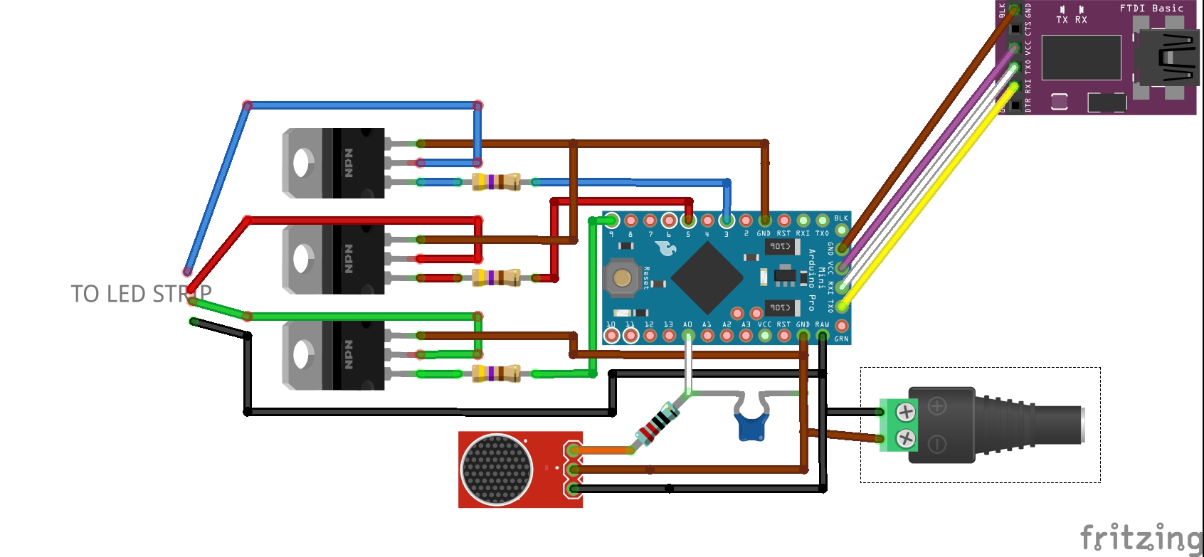 Forskelle afregning screech RGB Led strip controlled by filtered audio signals using an arduino